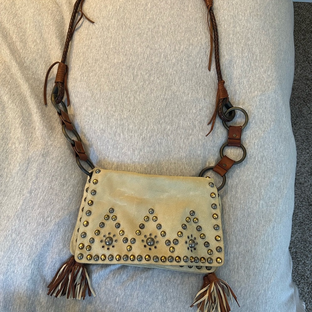 Dolce & Gabbana Tan Crossbody Bag with Geometric Pattern and Fringes